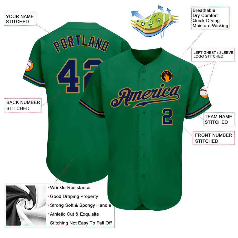 Custom Kelly Green Navy-Old Gold Authentic Baseball Jersey view 3