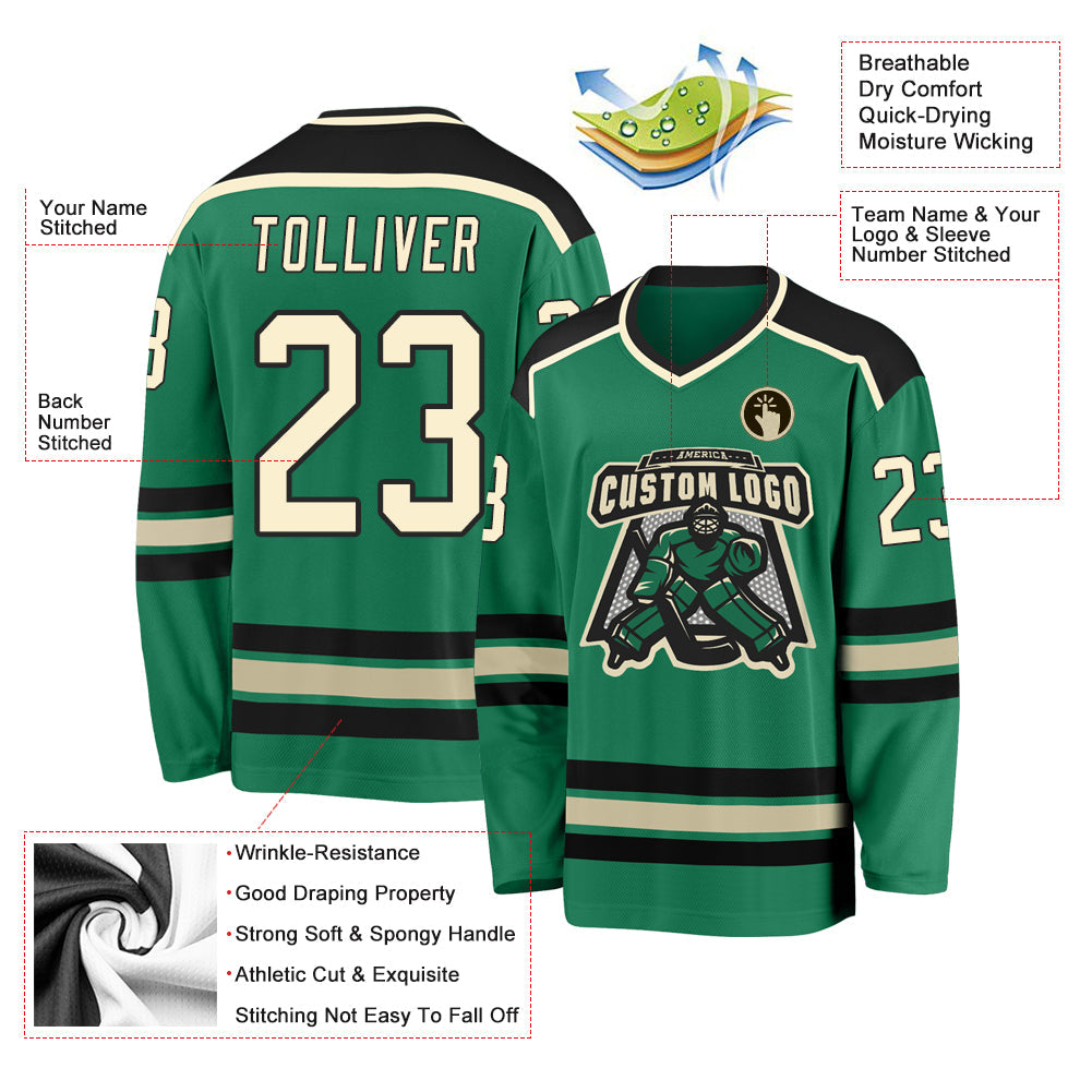 Custom Kelly Green Cream-Black Hockey Jersey view 3