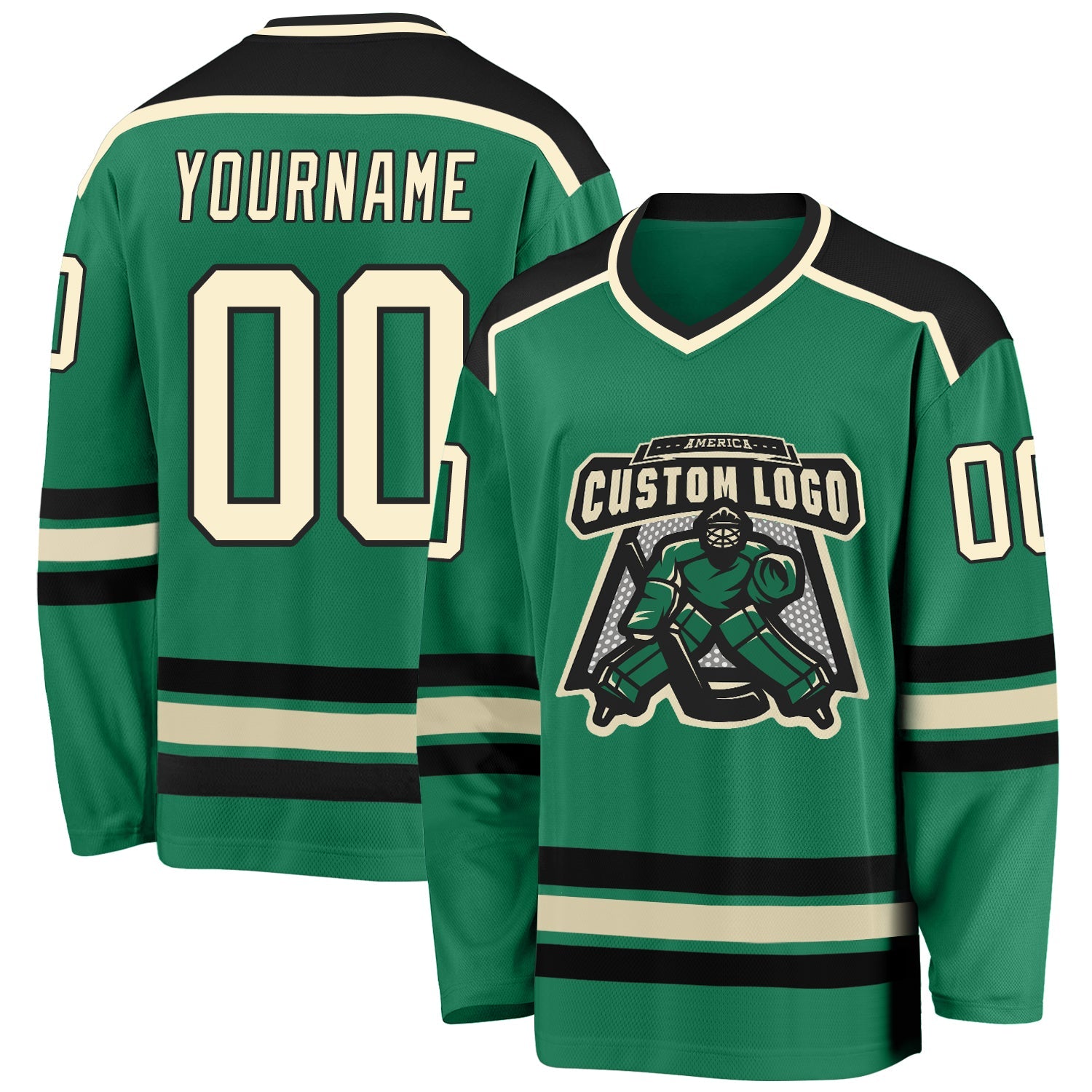 Custom Kelly Green Cream-Black Hockey Jersey - Main View