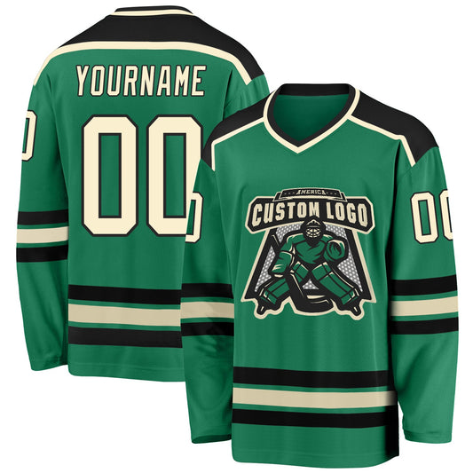 Custom Kelly Green Cream-Black Hockey Jersey - Main View