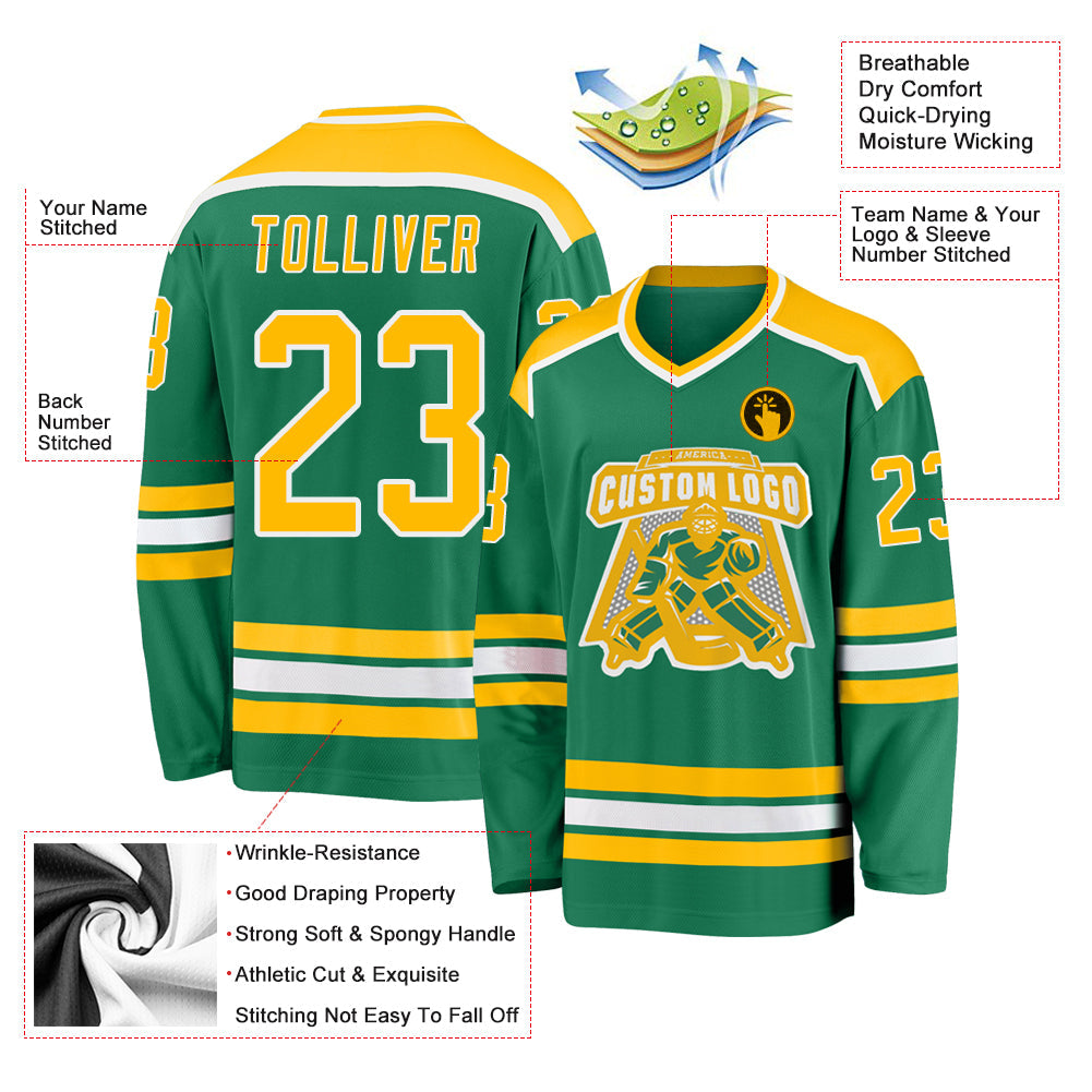 Custom Kelly Green Gold-White Hockey Jersey view 3