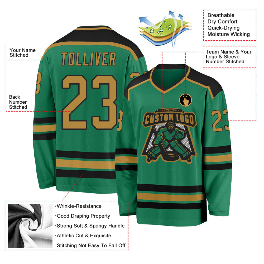 Custom Kelly Green Old Gold-Black Hockey Jersey view 3