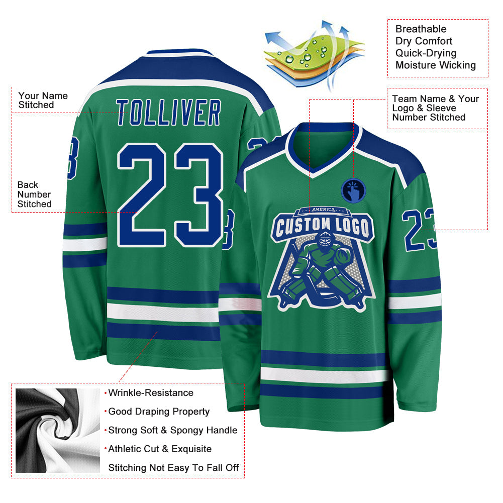 Custom Kelly Green Royal-White Hockey Jersey view 3