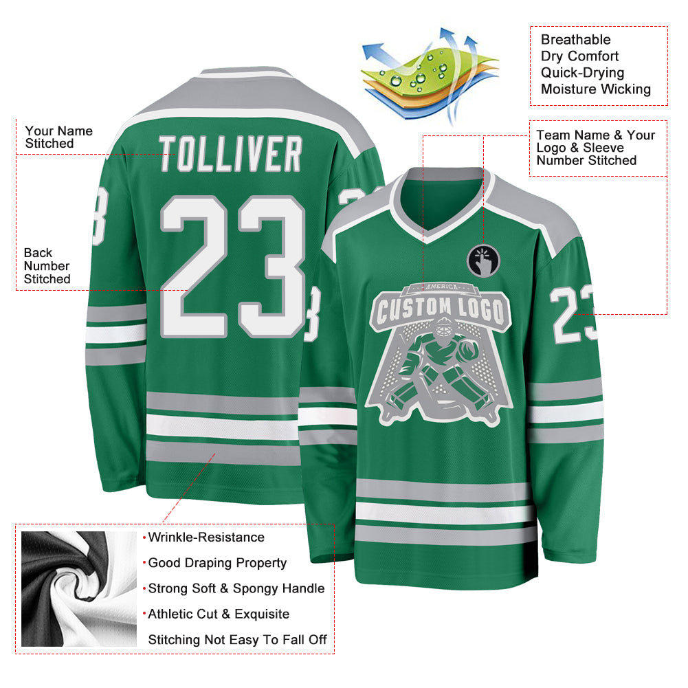 Custom Kelly Green White-Gray Hockey Jersey view 3