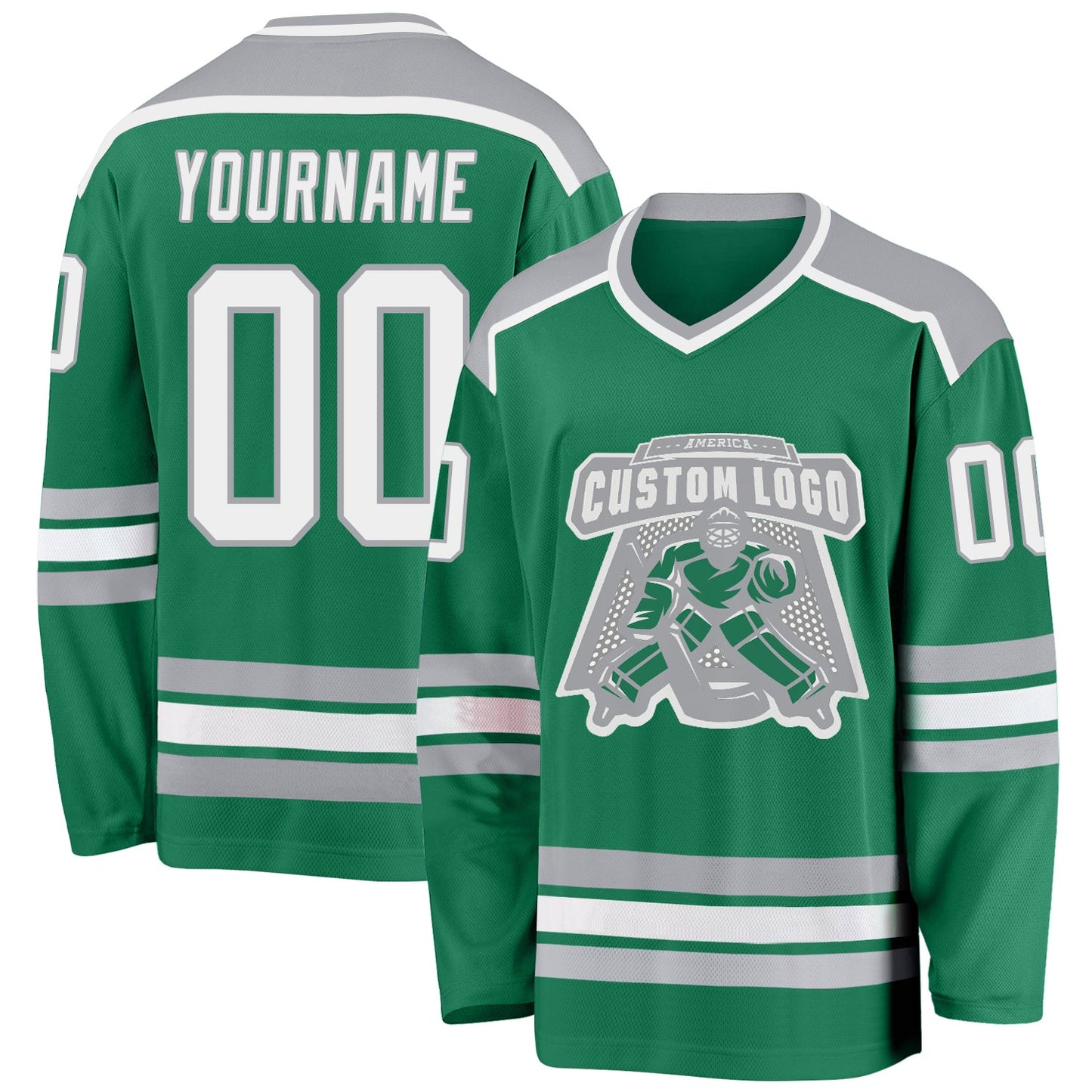 Custom Kelly Green White-Gray Hockey Jersey - Main View