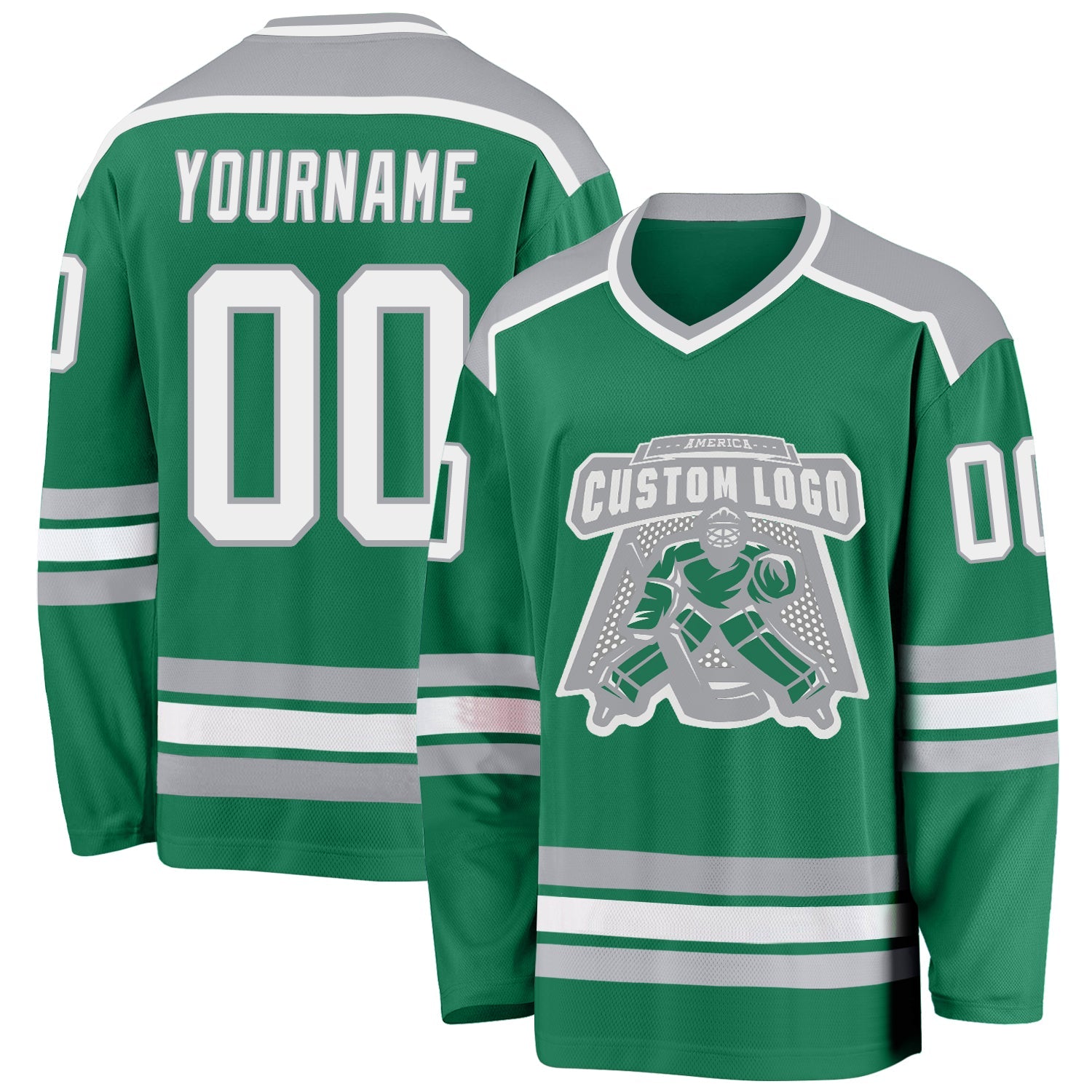 Custom Kelly Green White-Gray Hockey Jersey - Main View