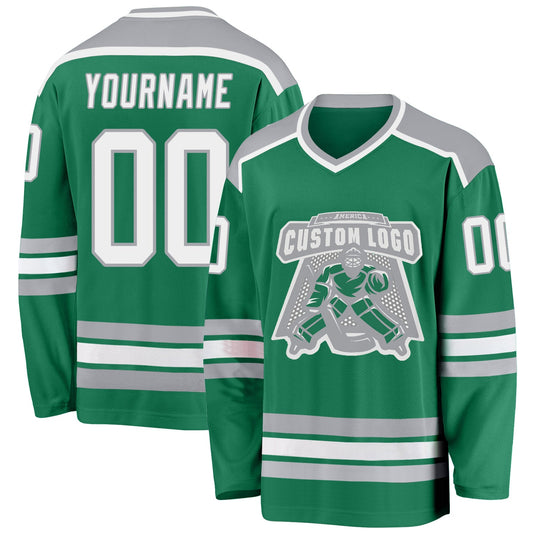 Custom Kelly Green White-Gray Hockey Jersey - Main View