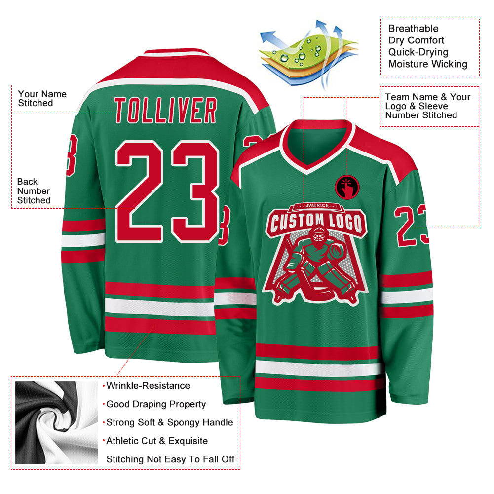 Custom Kelly Green Red-White Hockey Jersey view 3
