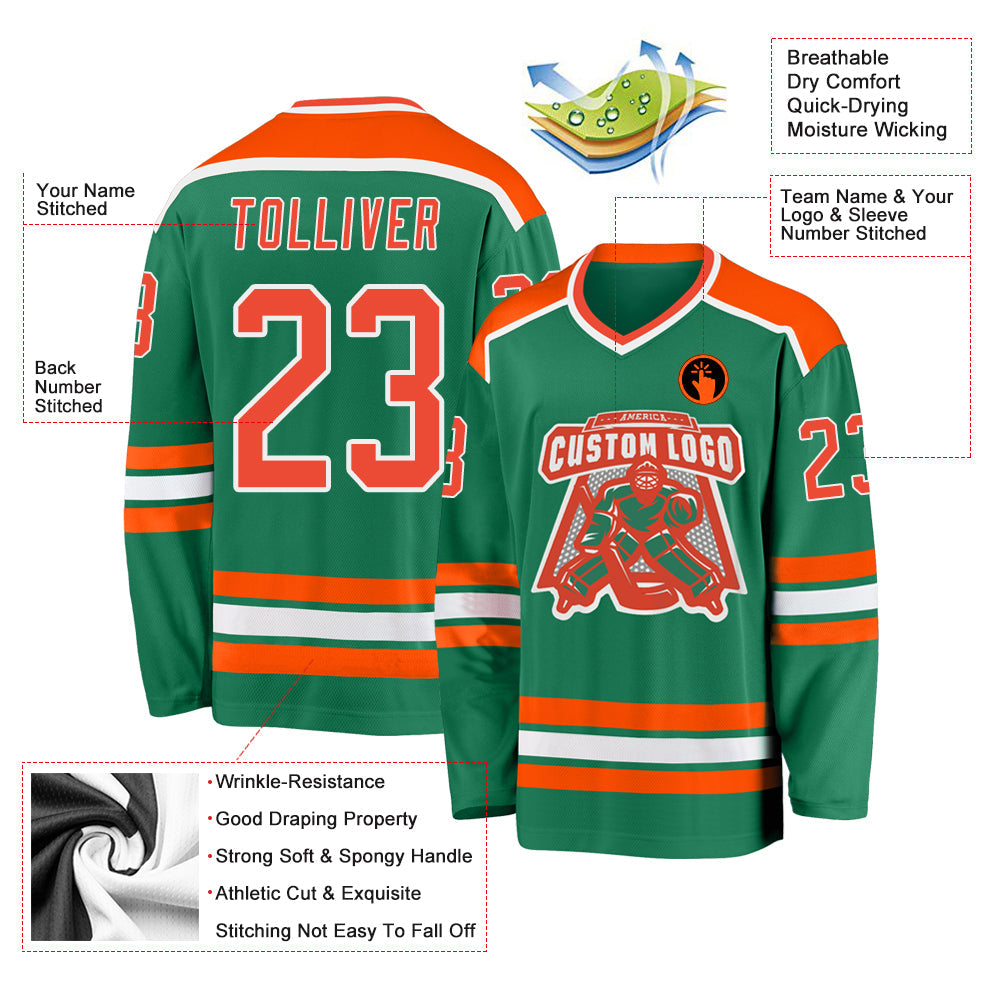 Custom Kelly Green Orange-White Hockey Jersey view 3
