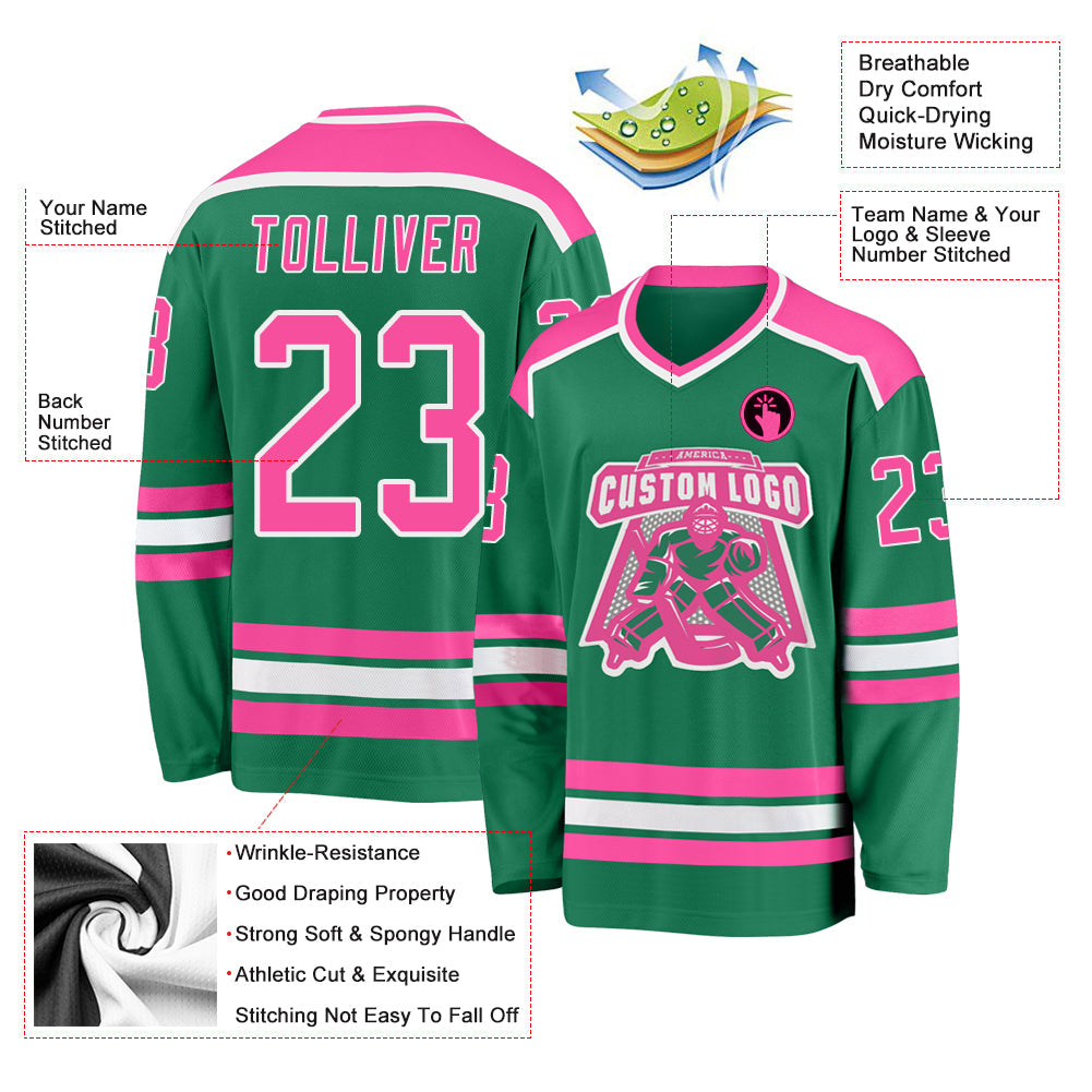 Custom Kelly Green Pink-White Hockey Jersey view 3