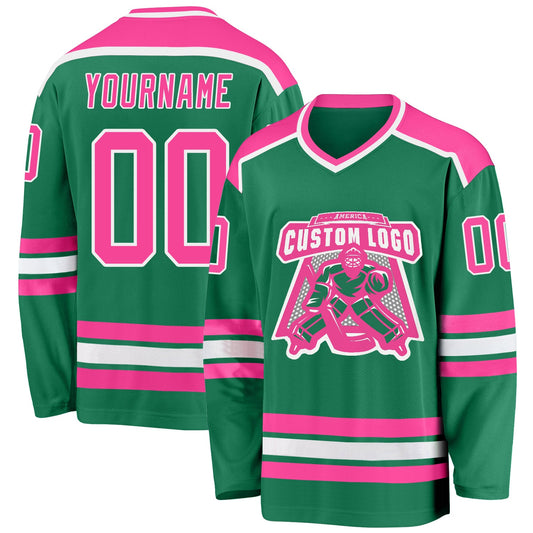 Custom Kelly Green Pink-White Hockey Jersey - Main View