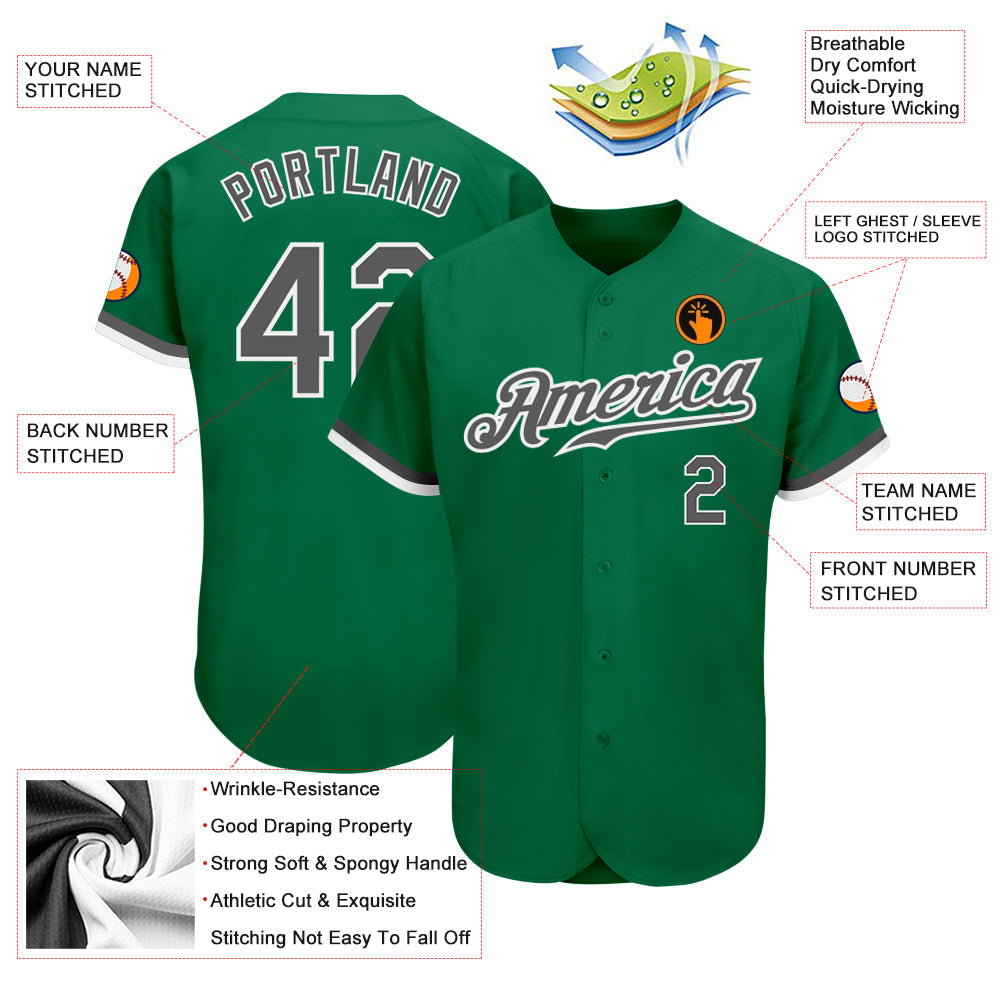 Custom Kelly Green Steel Gray-White Authentic Baseball Jersey view 3
