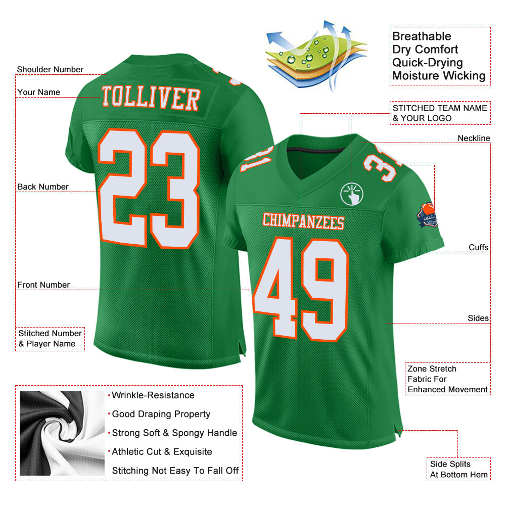 Custom Grass Green White-Orange Mesh Authentic Football Jersey view 2