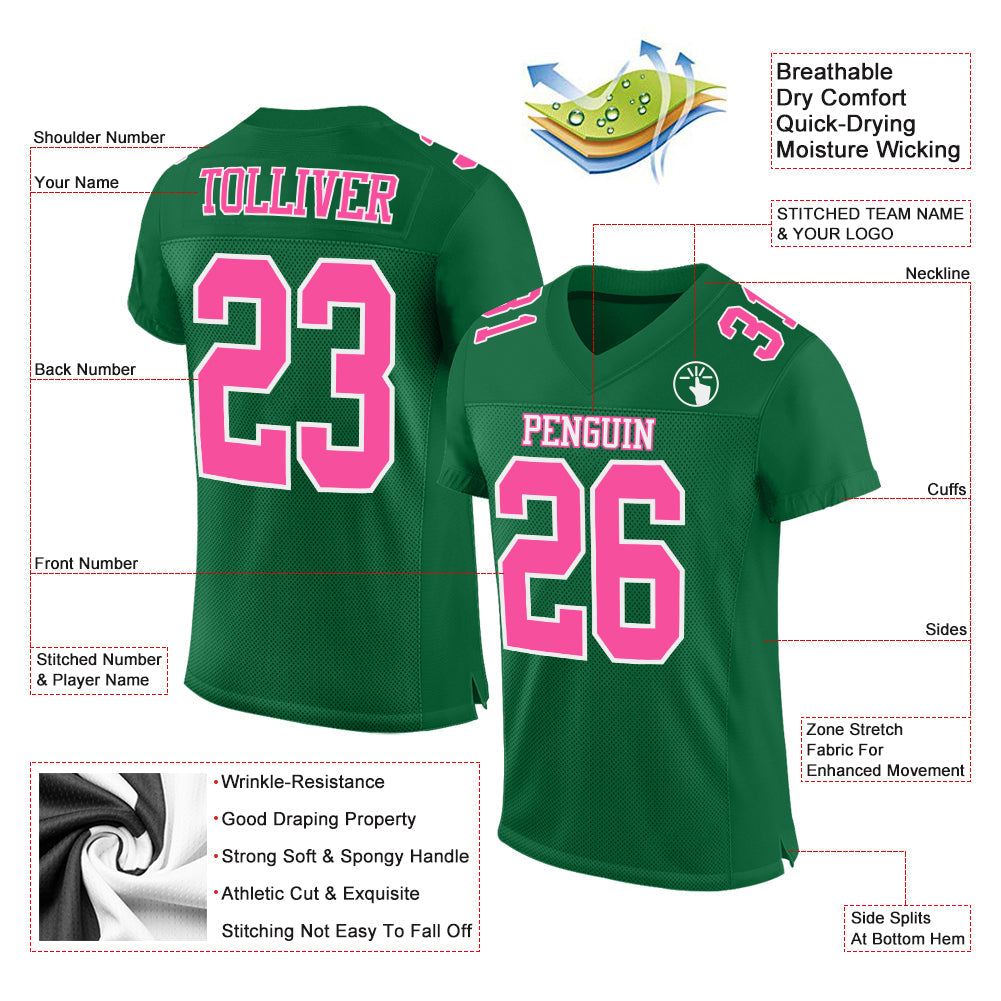 Custom Kelly Green Pink-White Mesh Authentic Football Jersey view 2