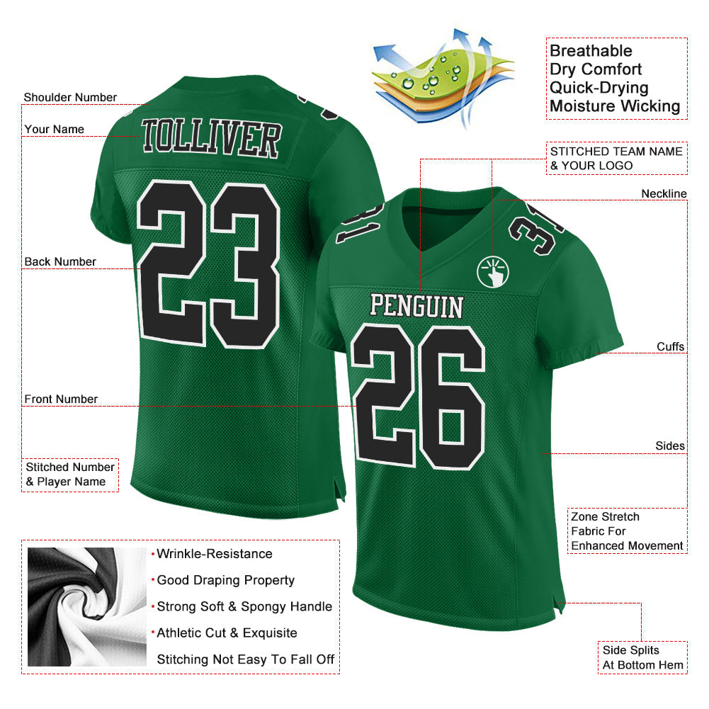 Custom Kelly Green Black-White Mesh Authentic Football Jersey view 2