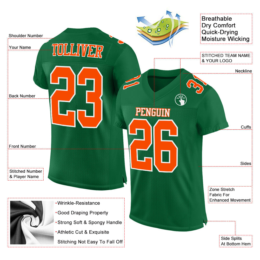 Custom Kelly Green Orange-White Mesh Authentic Football Jersey view 2