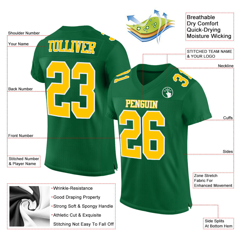 Custom Kelly Green Gold-White Mesh Authentic Football Jersey view 2