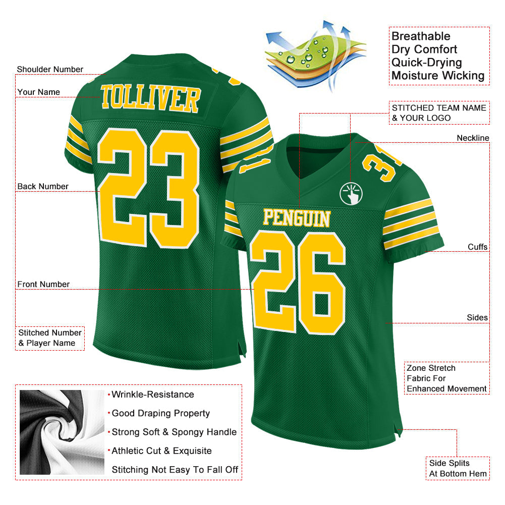 Custom Kelly Green Gold-White Mesh Authentic Football Jersey view 2