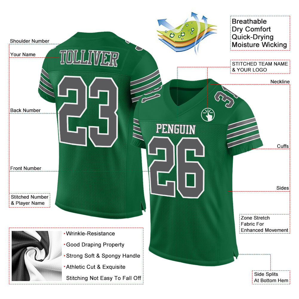 Custom Kelly Green Steel Gray-White Mesh Authentic Football Jersey view 2