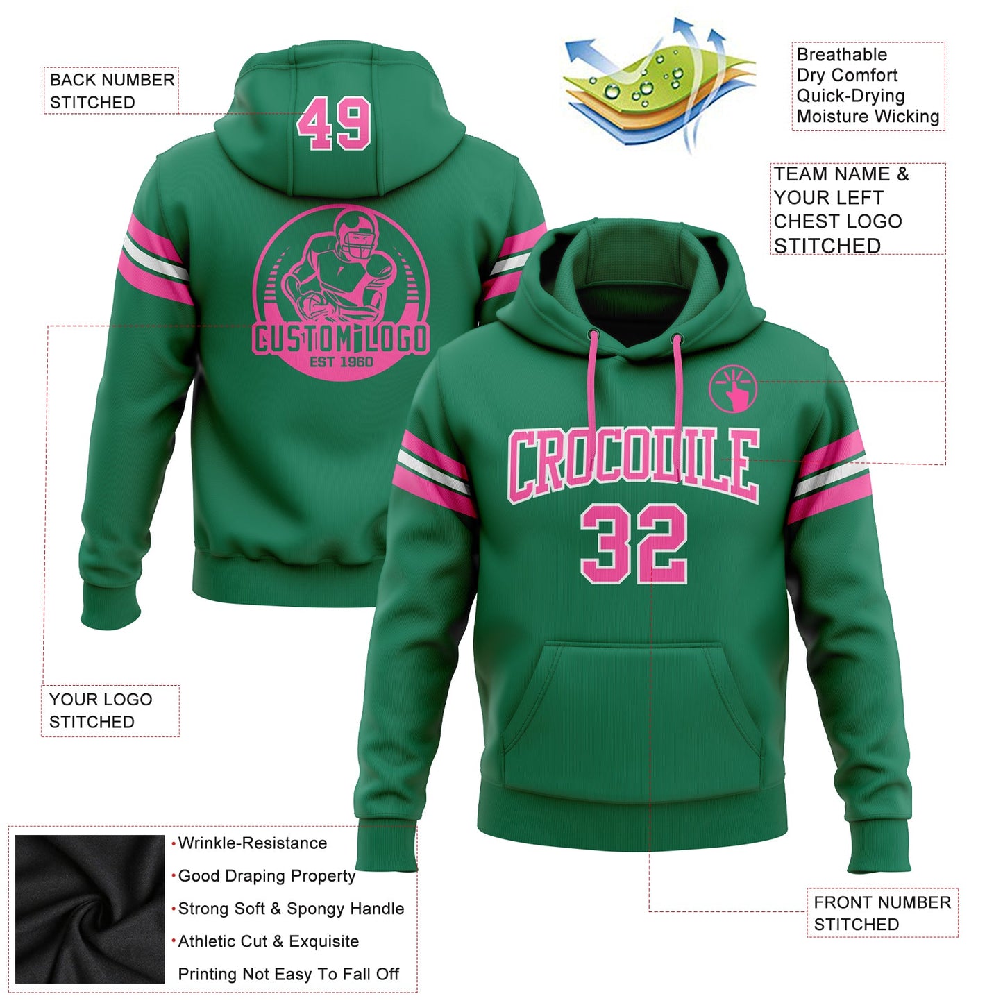 Custom Stitched Kelly Green Pink-White Football Pullover Sweatshirt Hoodie view 2