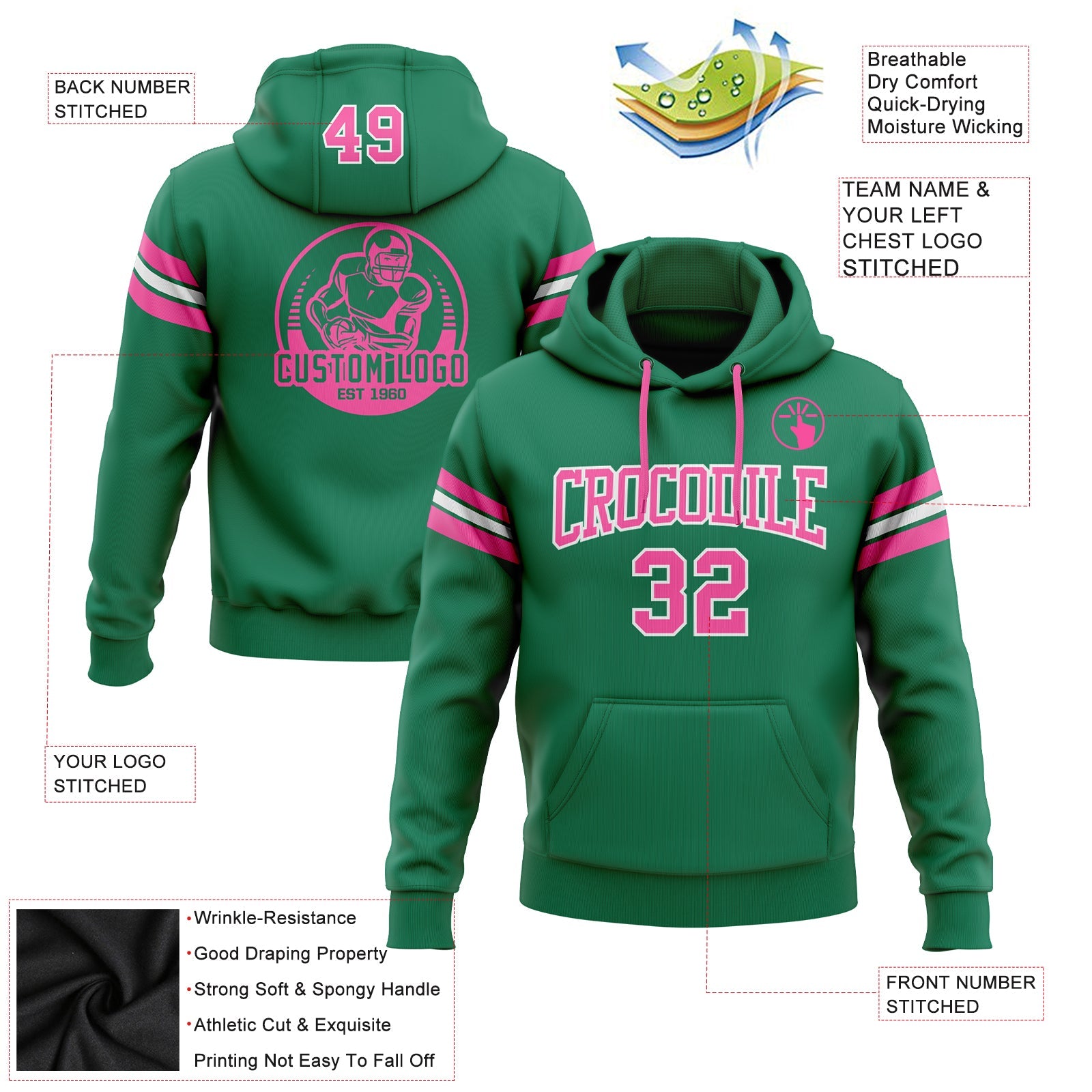 Custom Stitched Kelly Green Pink-White Football Pullover Sweatshirt Hoodie view 2