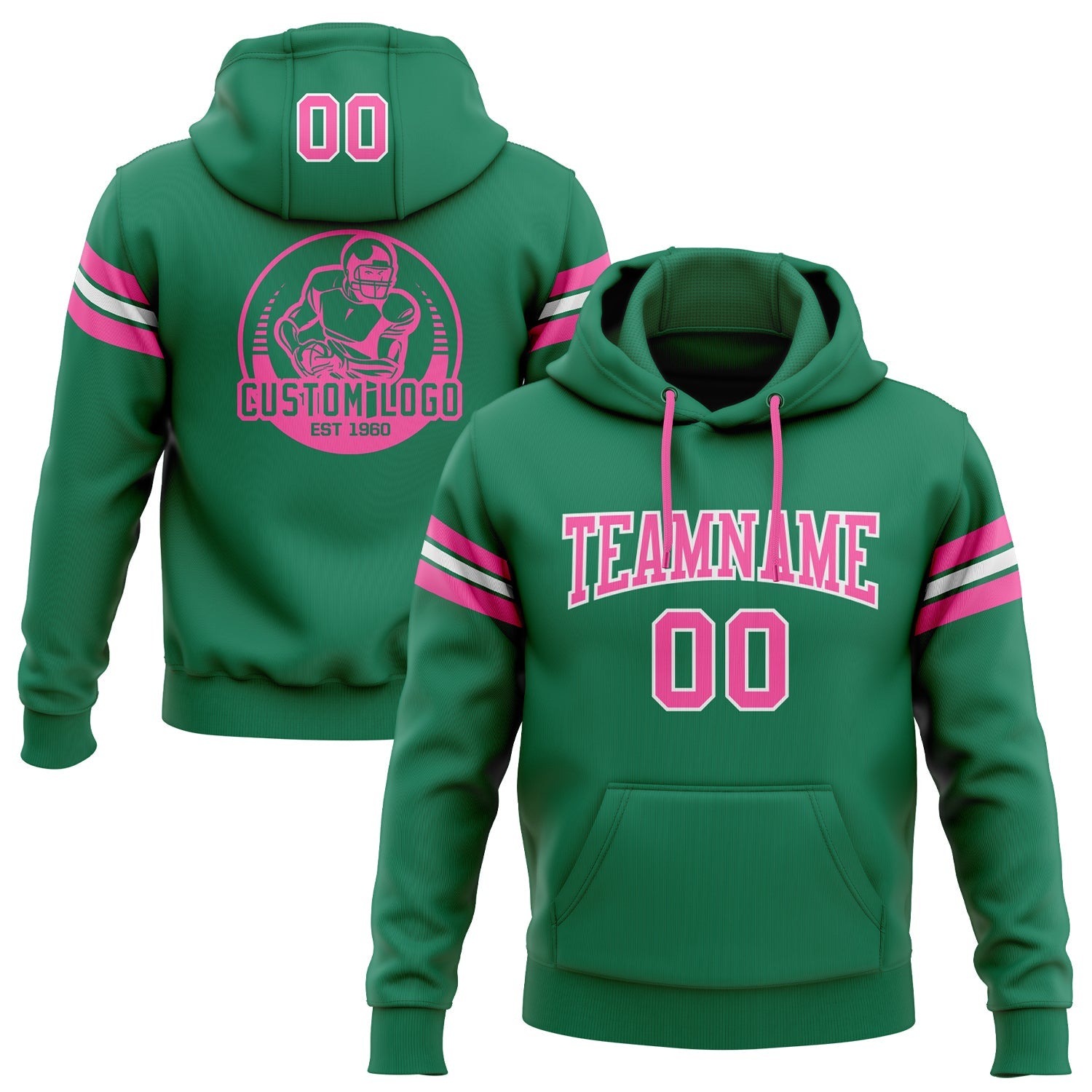 Custom Stitched Kelly Green Pink-White Football Pullover Sweatshirt Hoodie - Main View