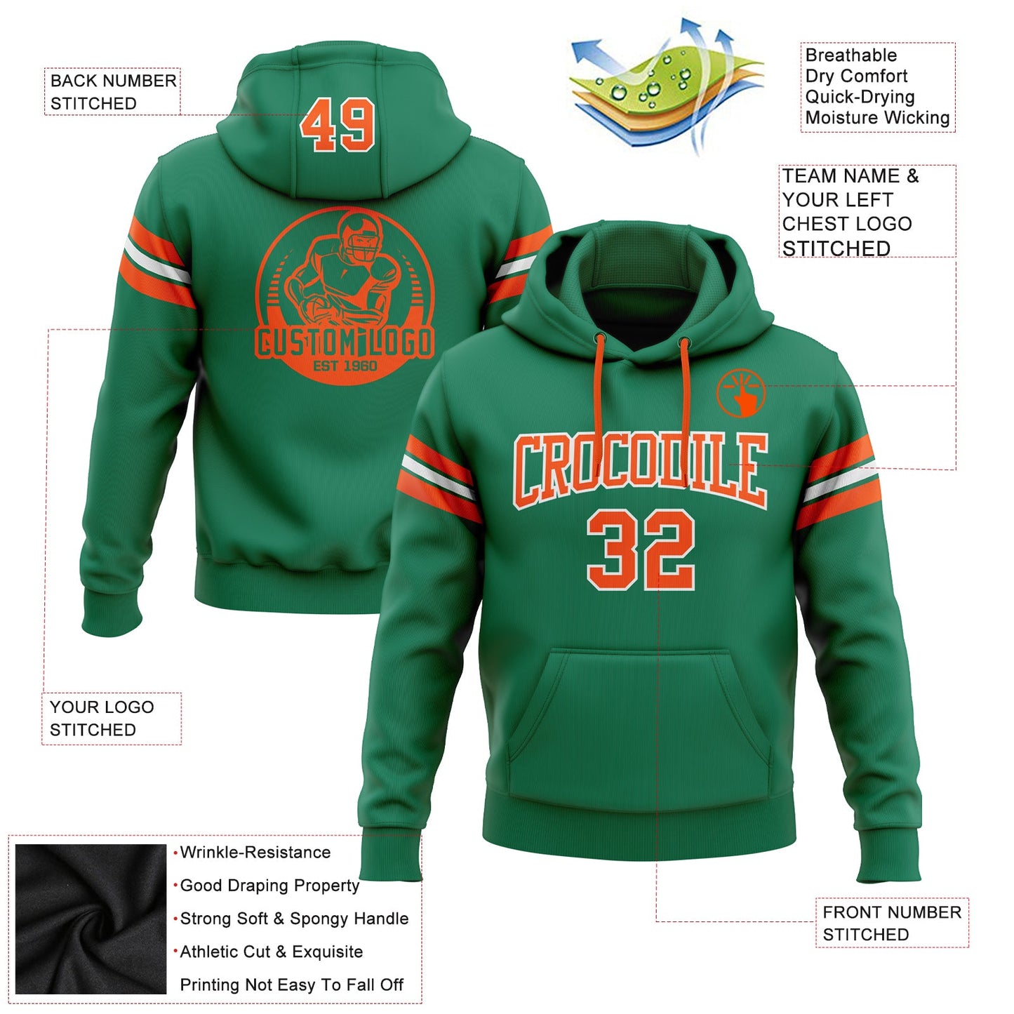 Custom Stitched Kelly Green Orange-White Football Pullover Sweatshirt Hoodie view 2