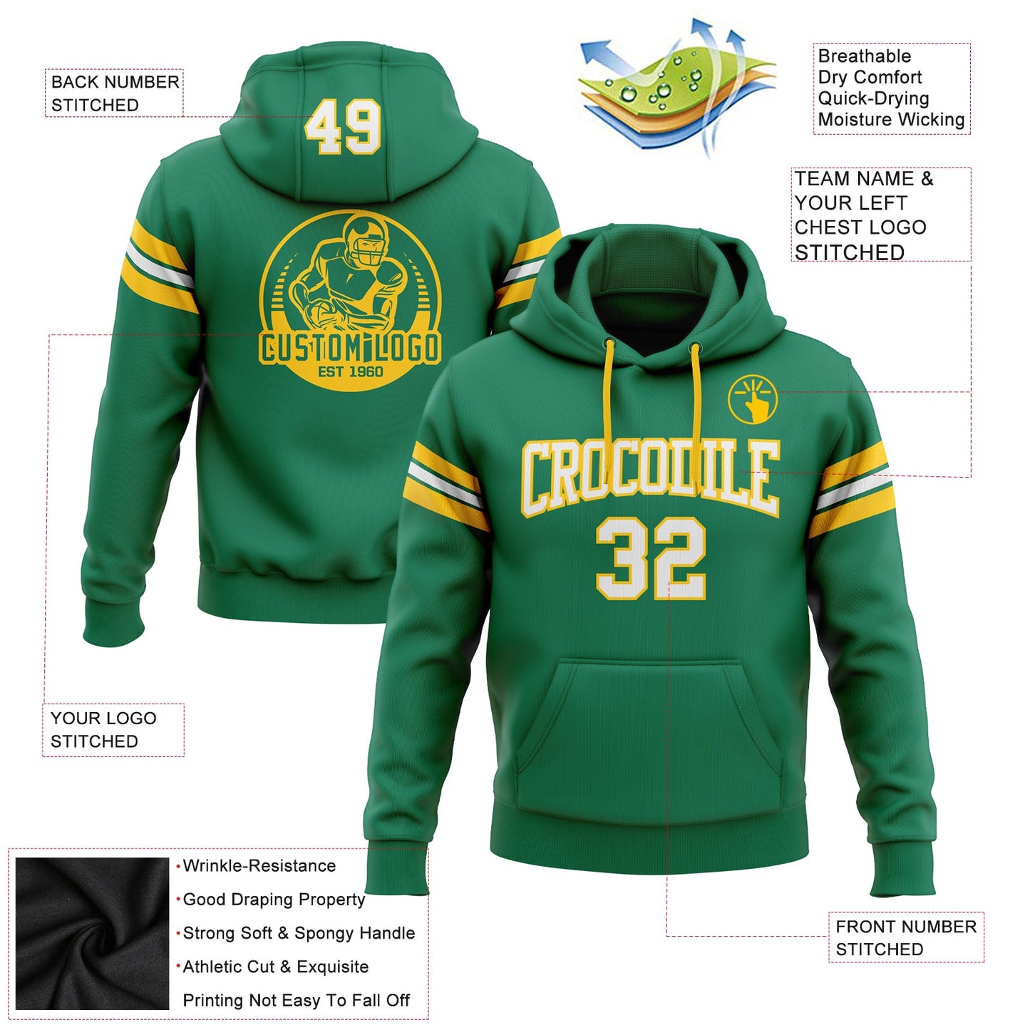 Custom Stitched Kelly Green White-Gold Football Pullover Sweatshirt Hoodie view 2
