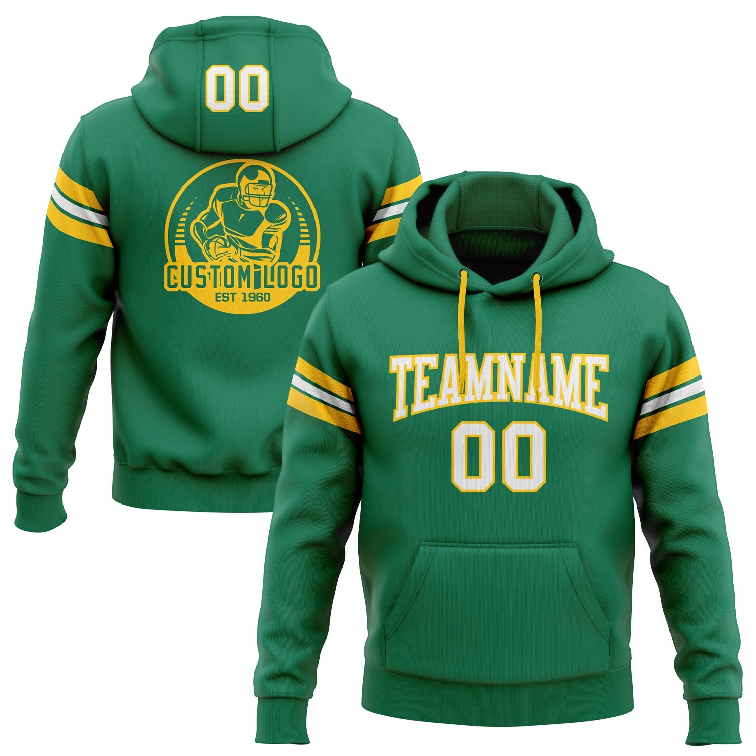 Custom Stitched Kelly Green White-Gold Football Pullover Sweatshirt Hoodie - Main View