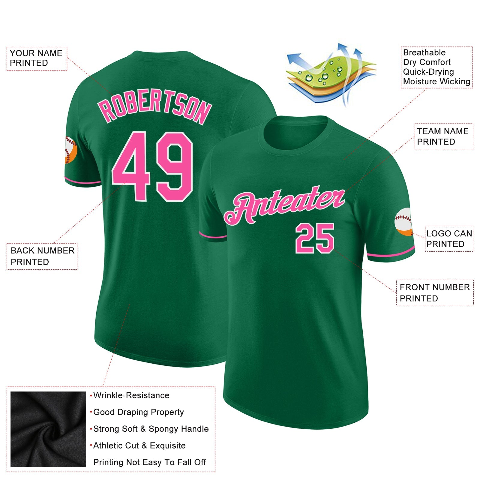 Custom Kelly Green Pink-White Performance T-Shirt view 2