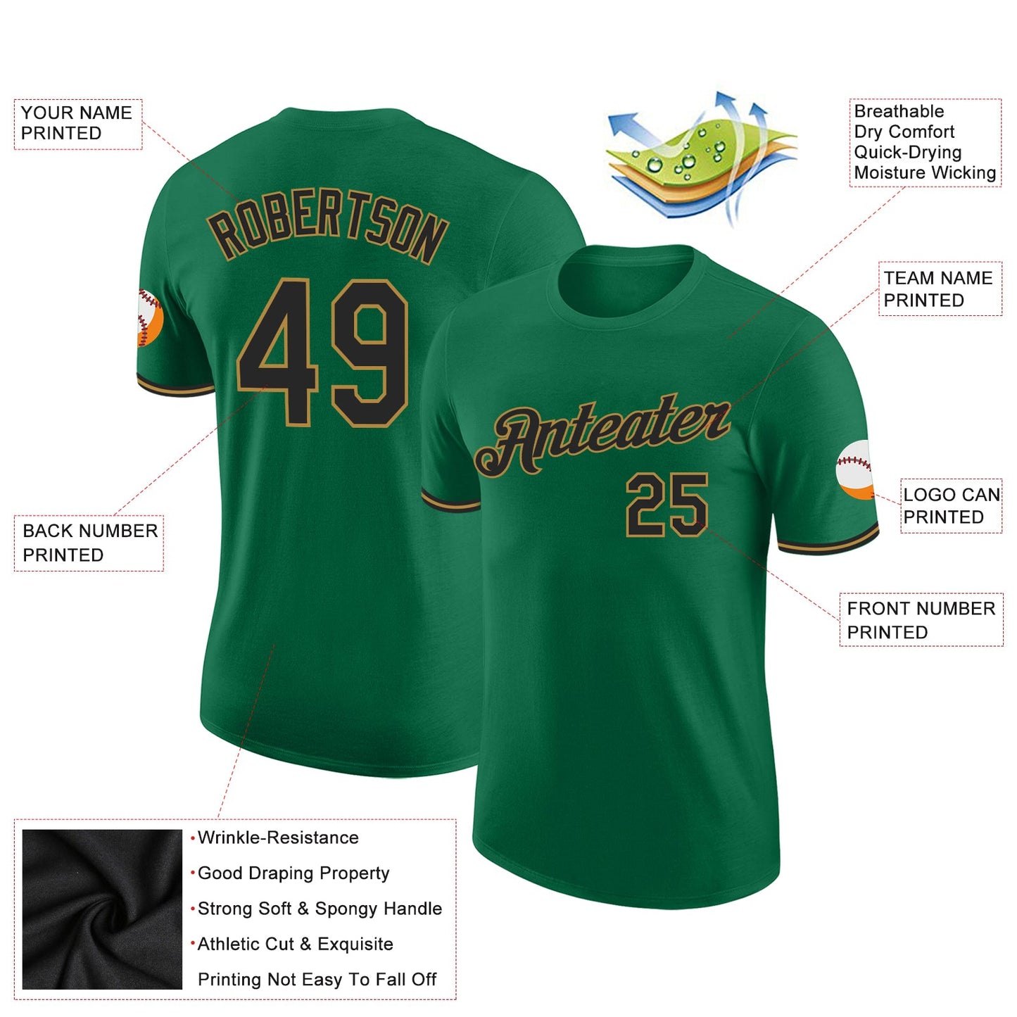 Custom Kelly Green Black-Old Gold Performance T-Shirt view 2
