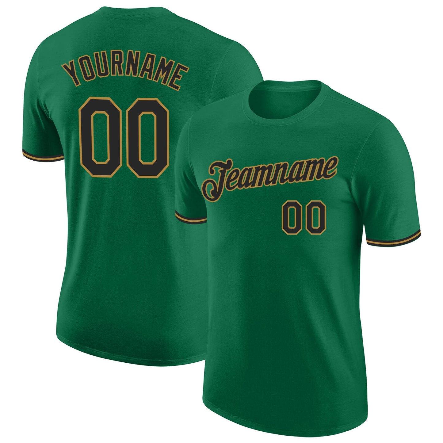 Custom Kelly Green Black-Old Gold Performance T-Shirt - Main View