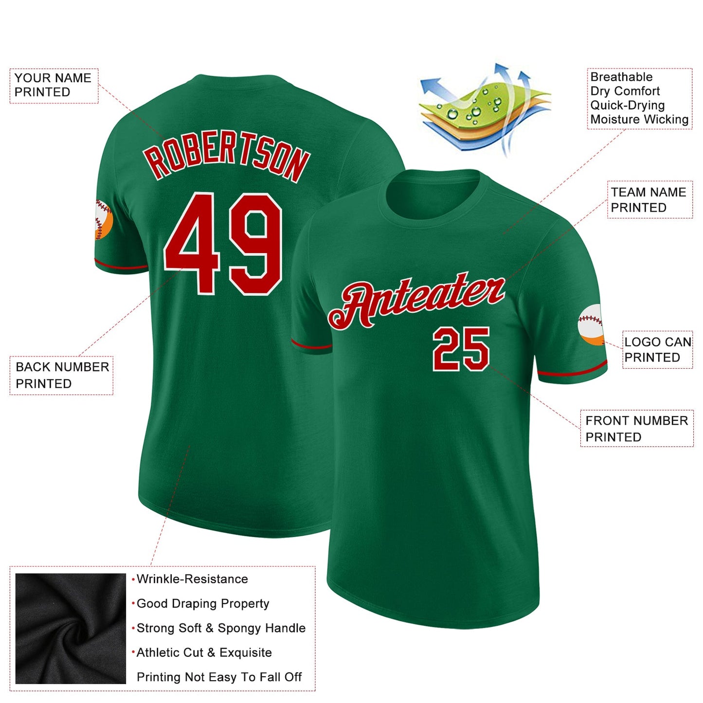 Custom Kelly Green Red-White Performance T-Shirt view 2
