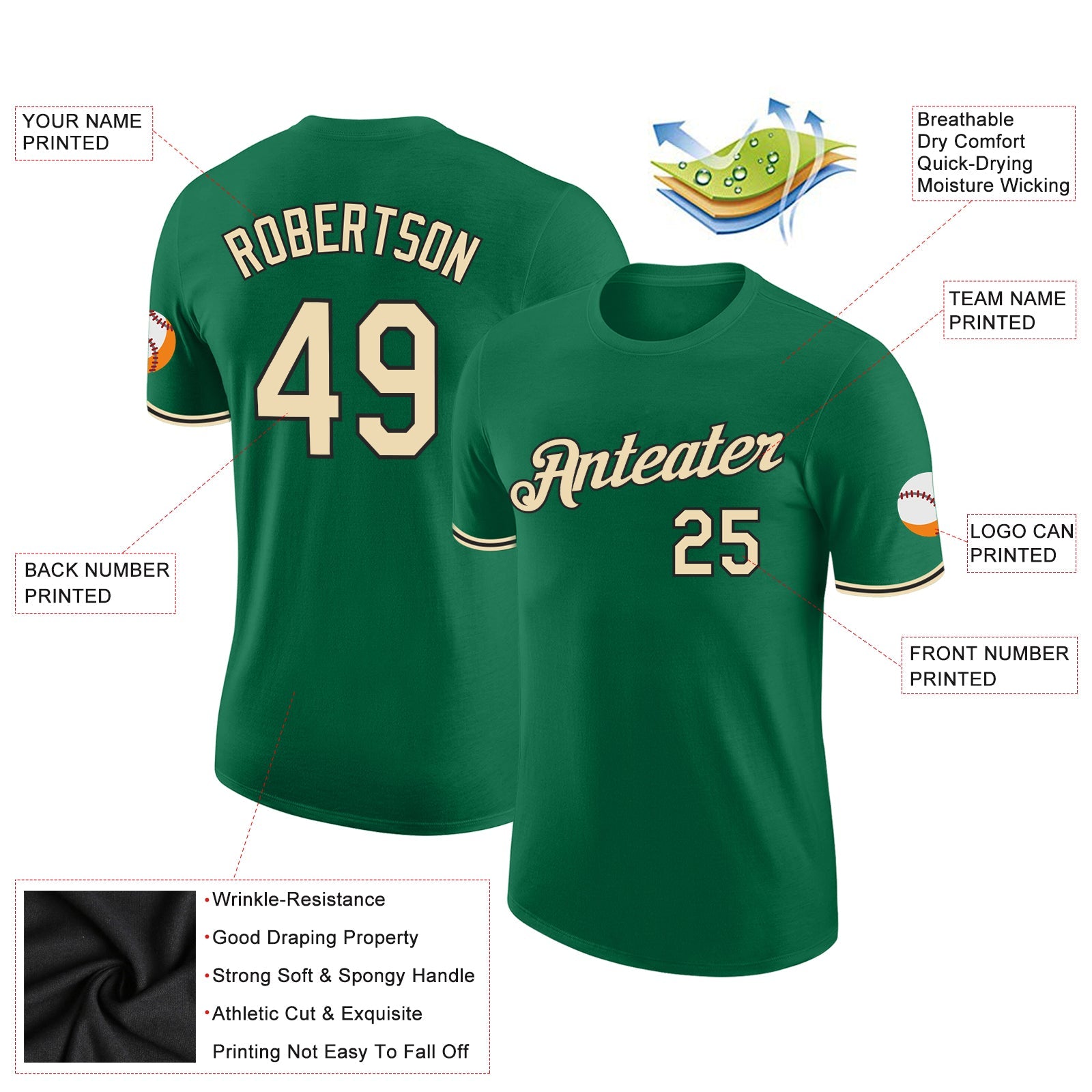 Custom Kelly Green Cream-Black Performance T-Shirt view 2