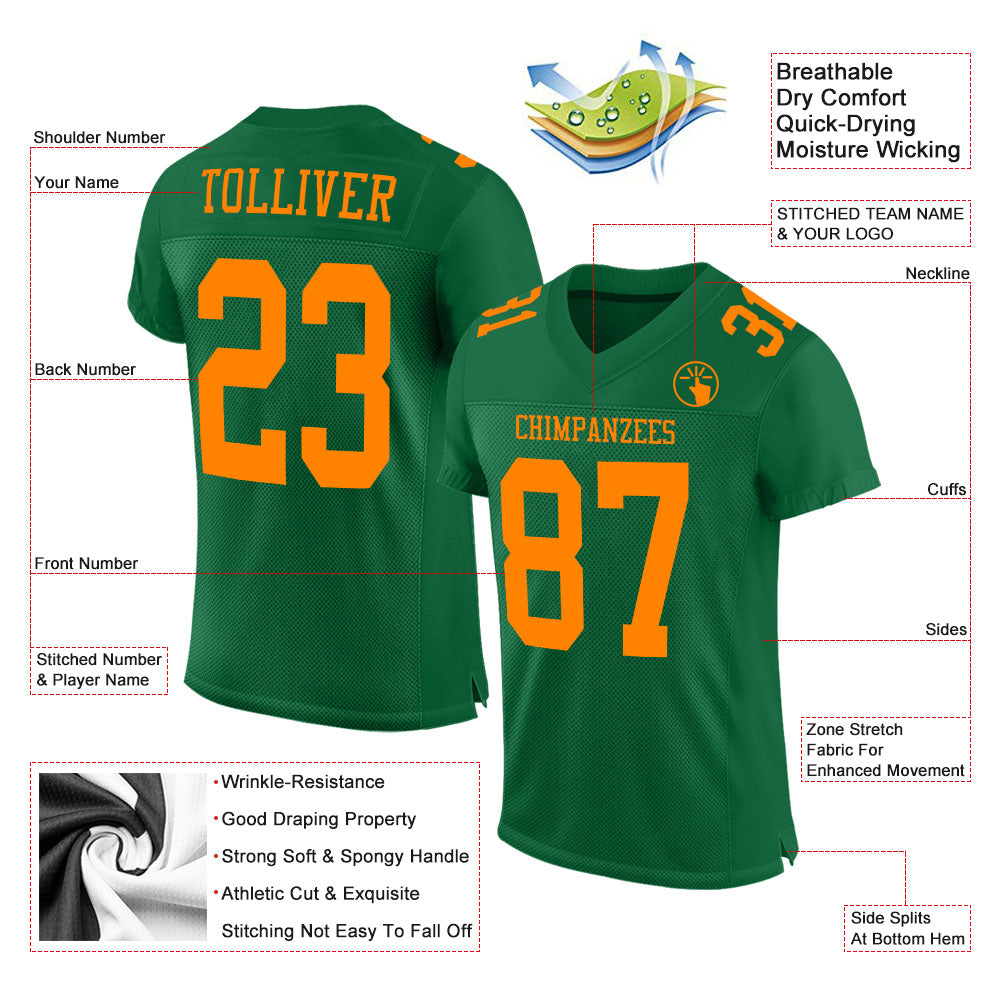 Custom Kelly Green Bay Orange Mesh Authentic Football Jersey view 2