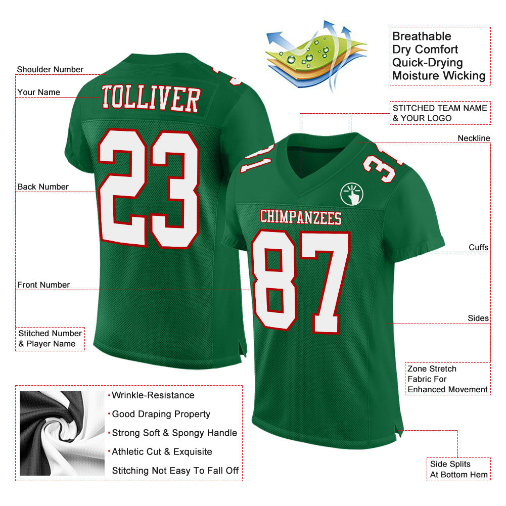 Custom Kelly Green White-Red Mesh Authentic Football Jersey view 2