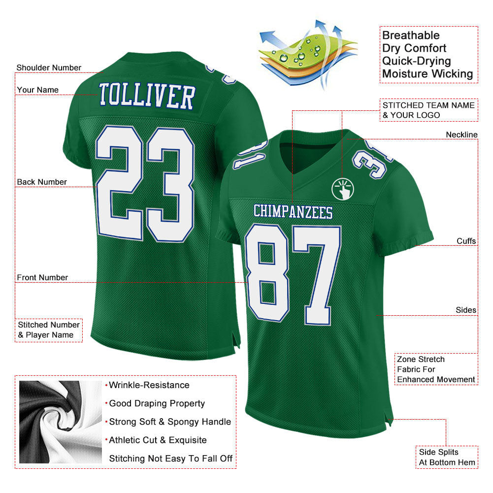 Custom Kelly Green White Royal-Gray Mesh Authentic Football Jersey view 2