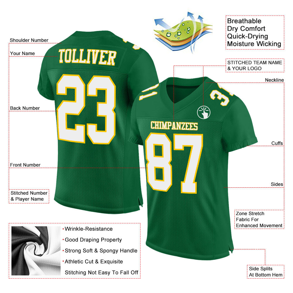 Custom Kelly Green White-Gold Mesh Authentic Football Jersey view 2