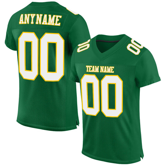 Custom Kelly Green White-Gold Mesh Authentic Football Jersey - Main View