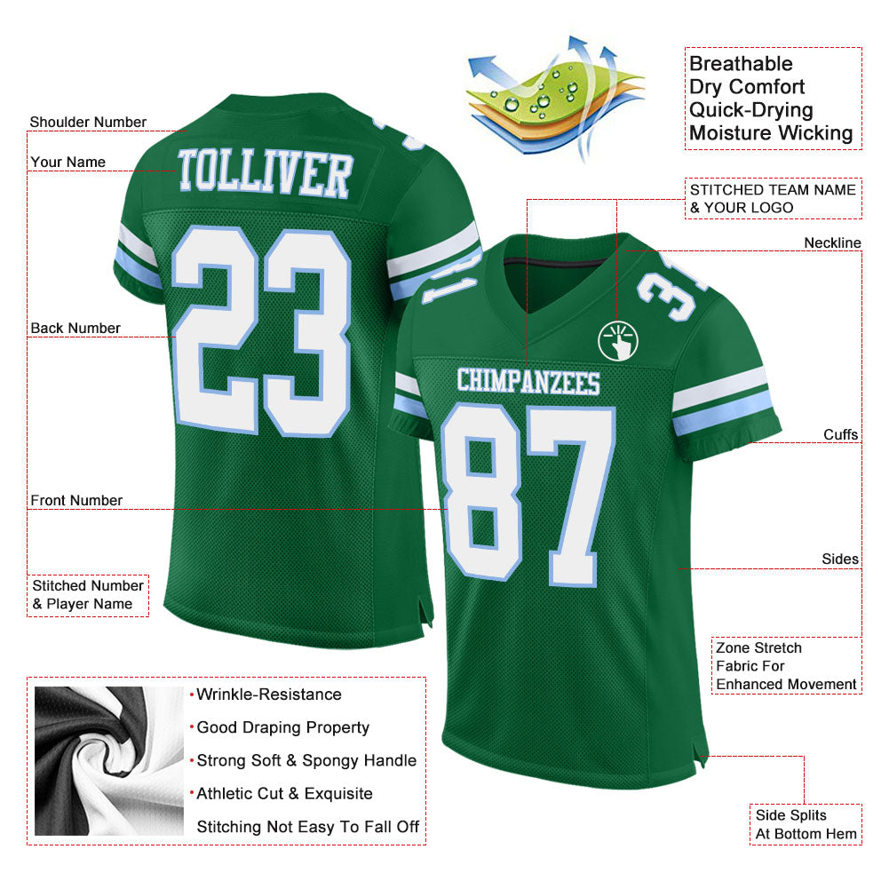 Custom Kelly Green White-Light Blue Mesh Authentic Football Jersey view 2