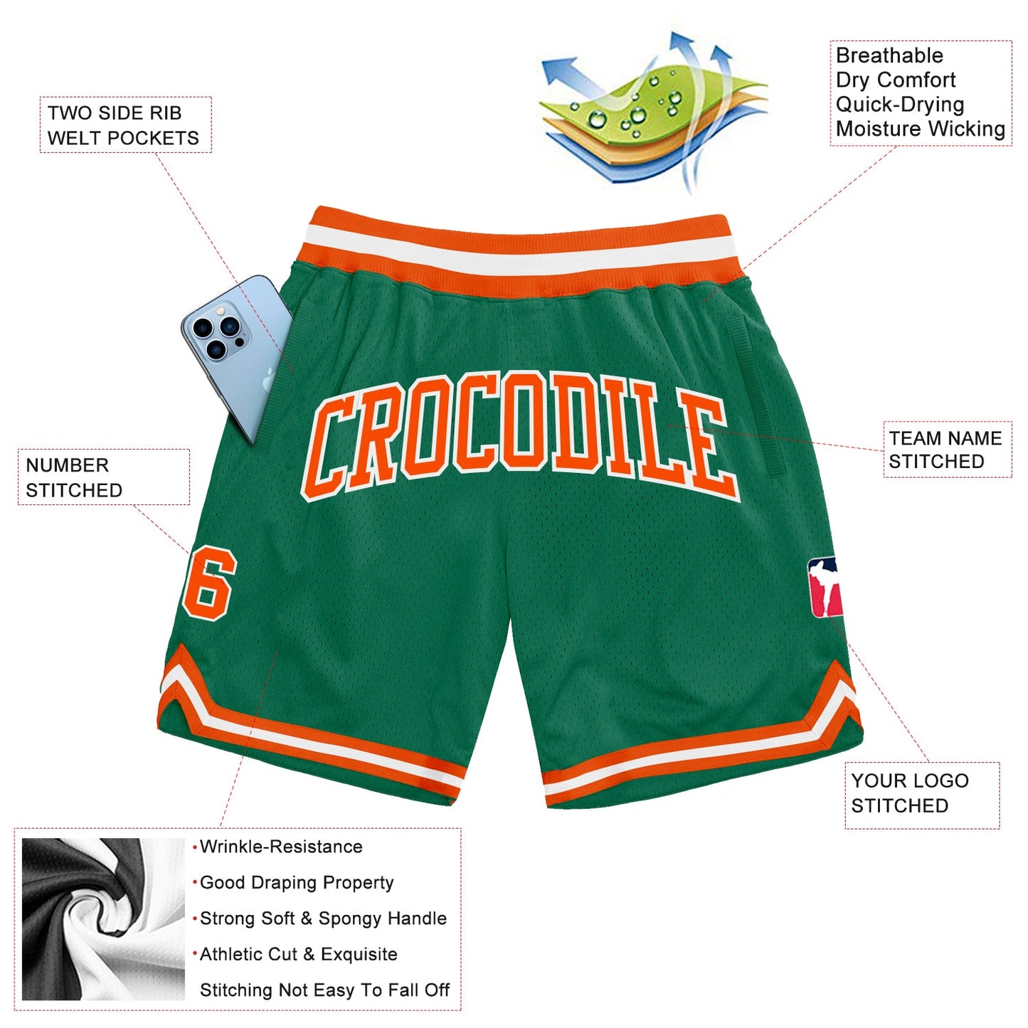 Custom Kelly Green Orange-White Authentic Throwback Basketball Shorts view 3