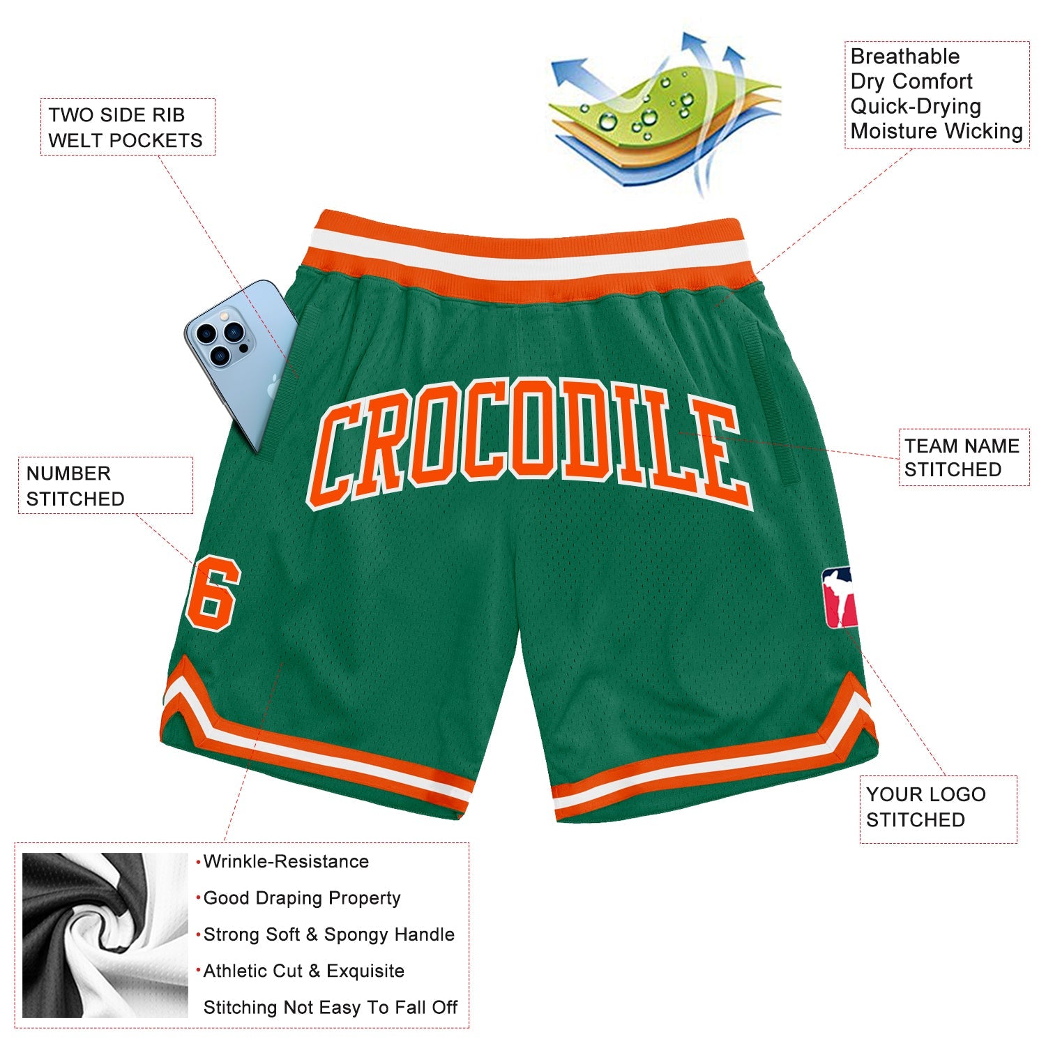 Custom Kelly Green Orange-White Authentic Throwback Basketball Shorts view 3