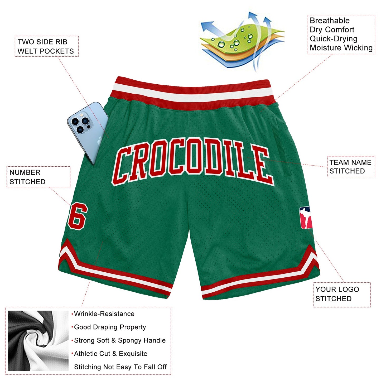Custom Kelly Green Red-White Authentic Throwback Basketball Shorts view 2