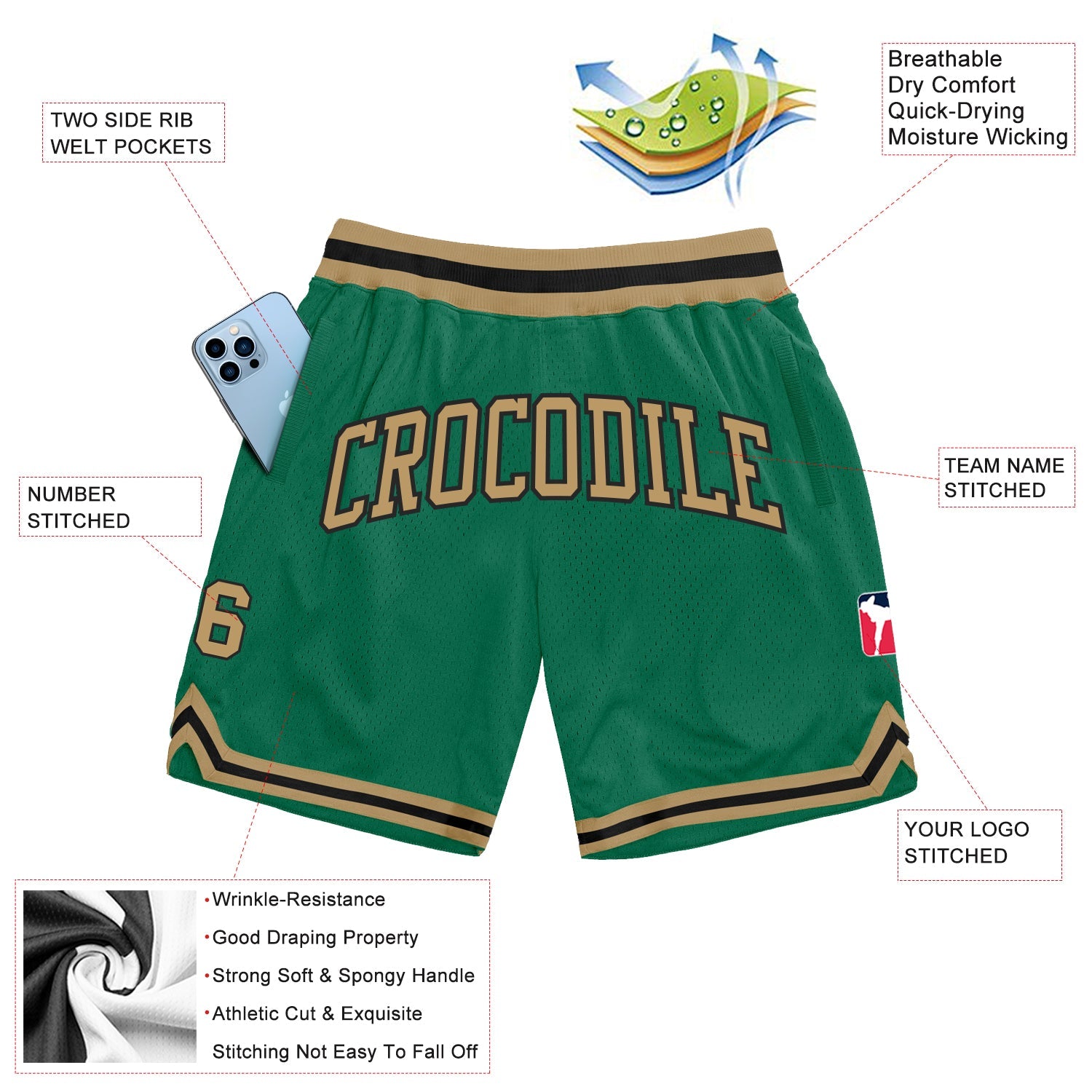 Custom Kelly Green Old Gold-Black Authentic Throwback Basketball Shorts view 2