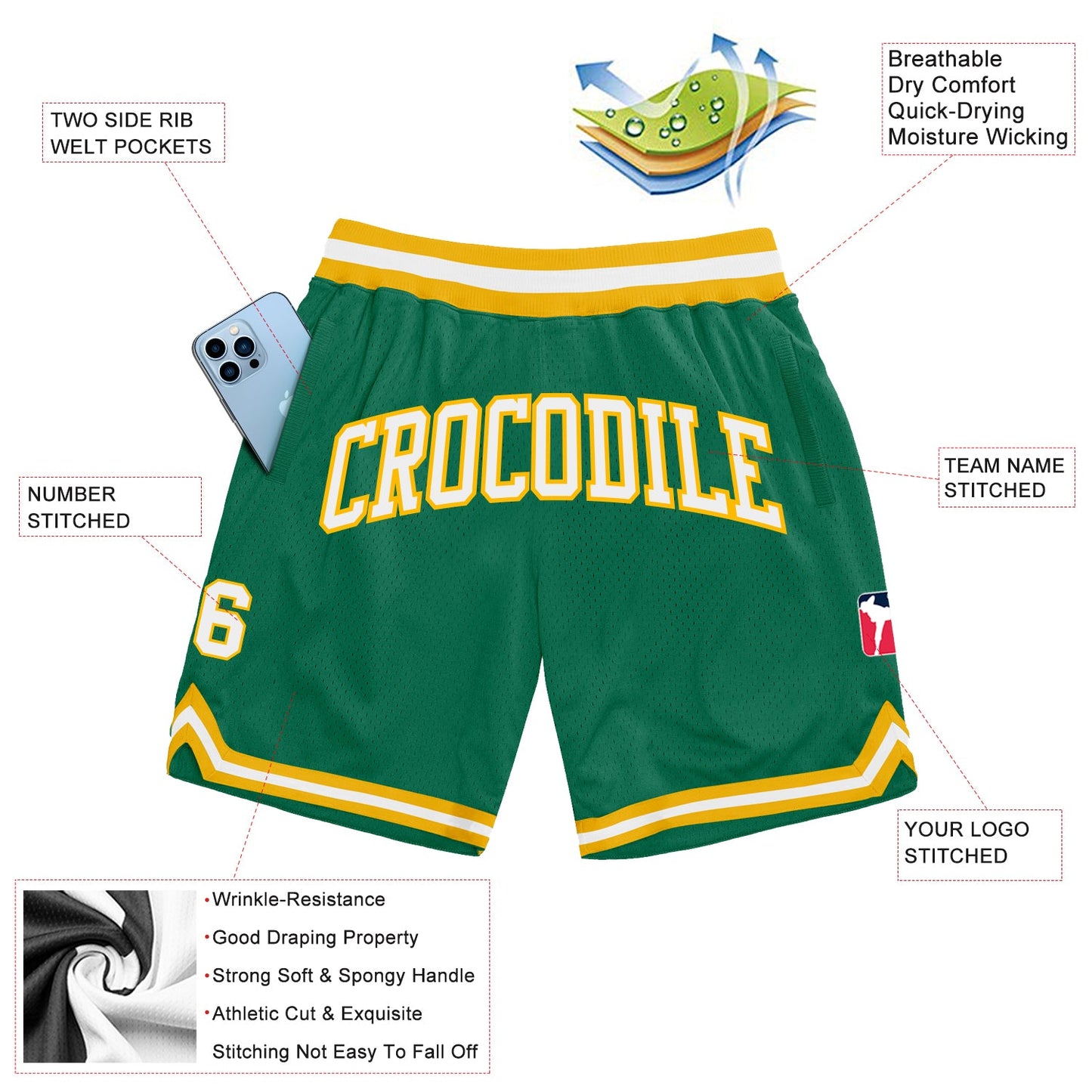 Custom Kelly Green White-Gold Authentic Throwback Basketball Shorts view 2