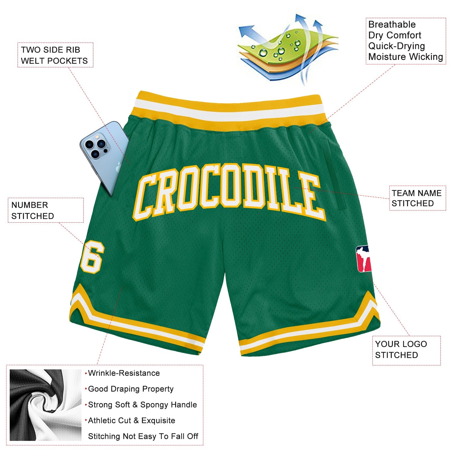 Custom Kelly Green White-Gold Authentic Throwback Basketball Shorts view 2