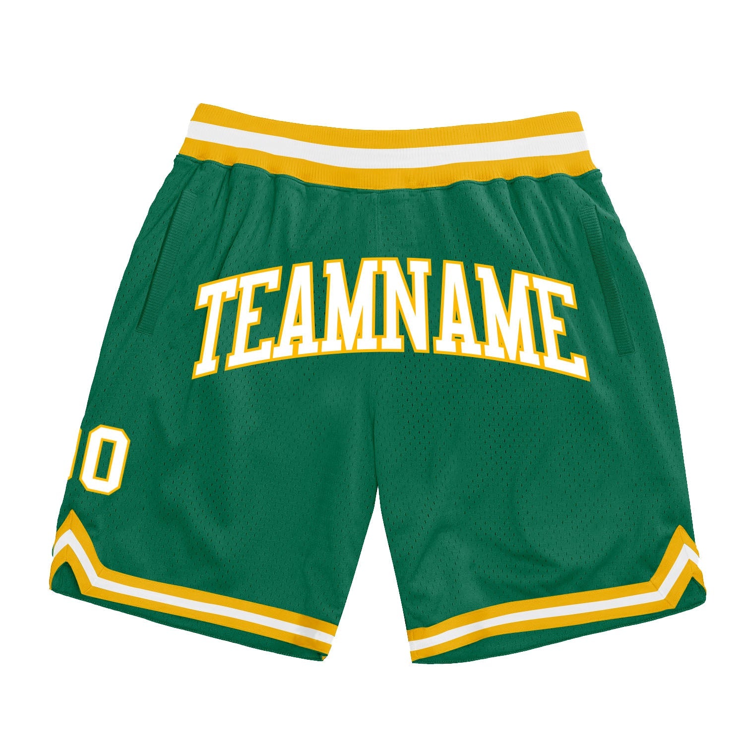 Custom Kelly Green White-Gold Authentic Throwback Basketball Shorts - Main View