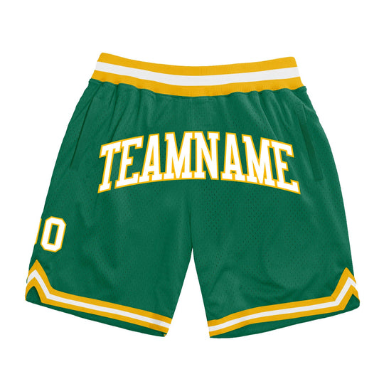 Custom Kelly Green White-Gold Authentic Throwback Basketball Shorts - Main View