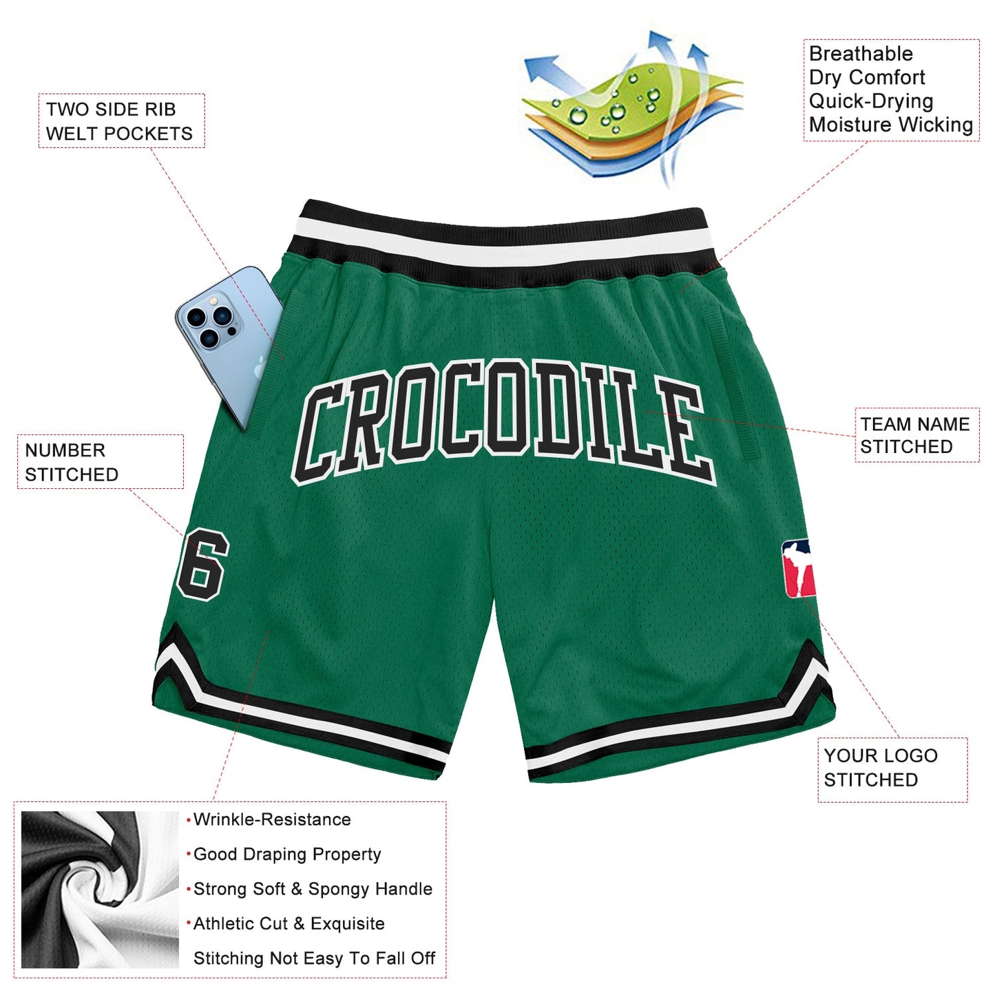 Custom Kelly Green Black-White Authentic Throwback Basketball Shorts view 2