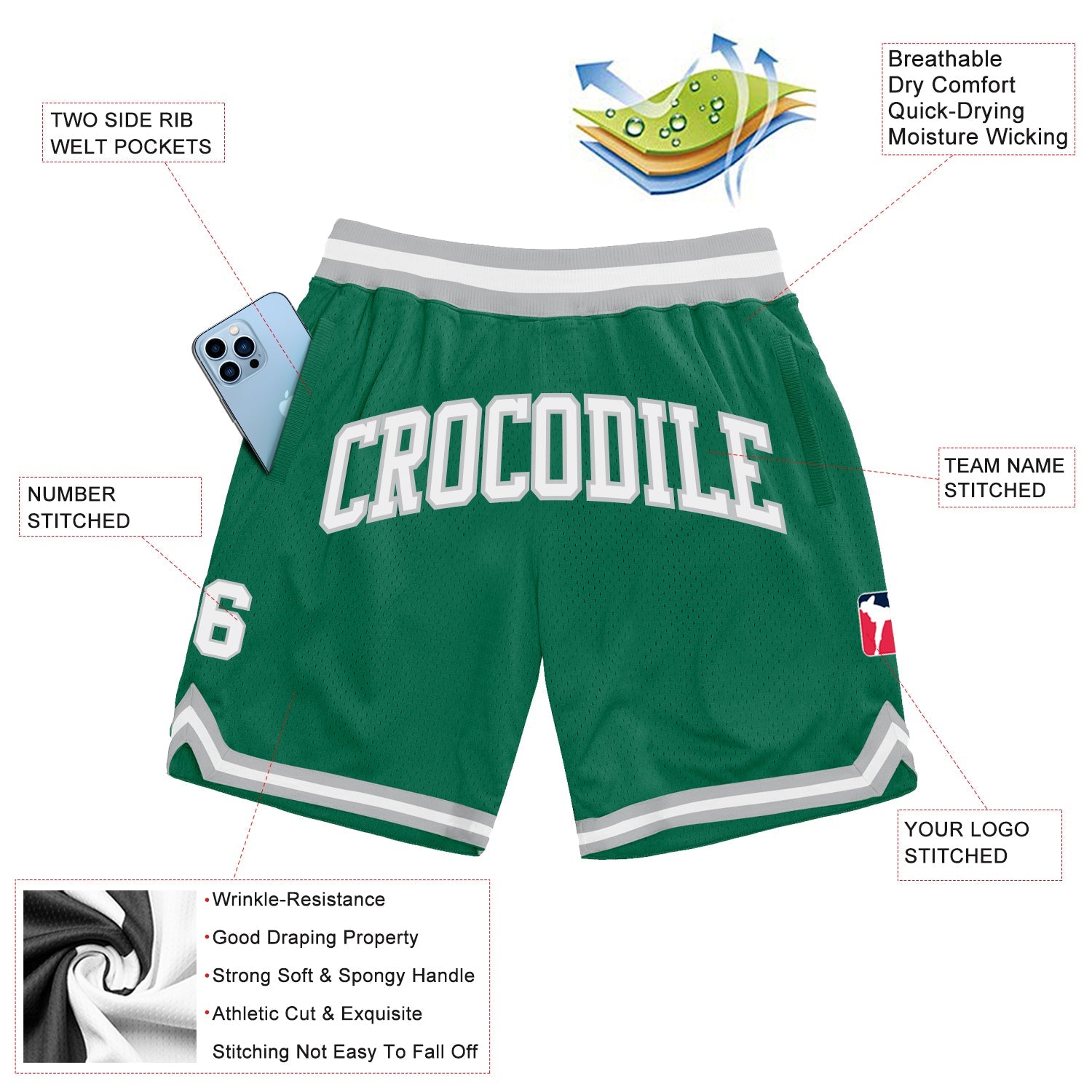 Custom Kelly Green White-Gray Authentic Throwback Basketball Shorts view 2